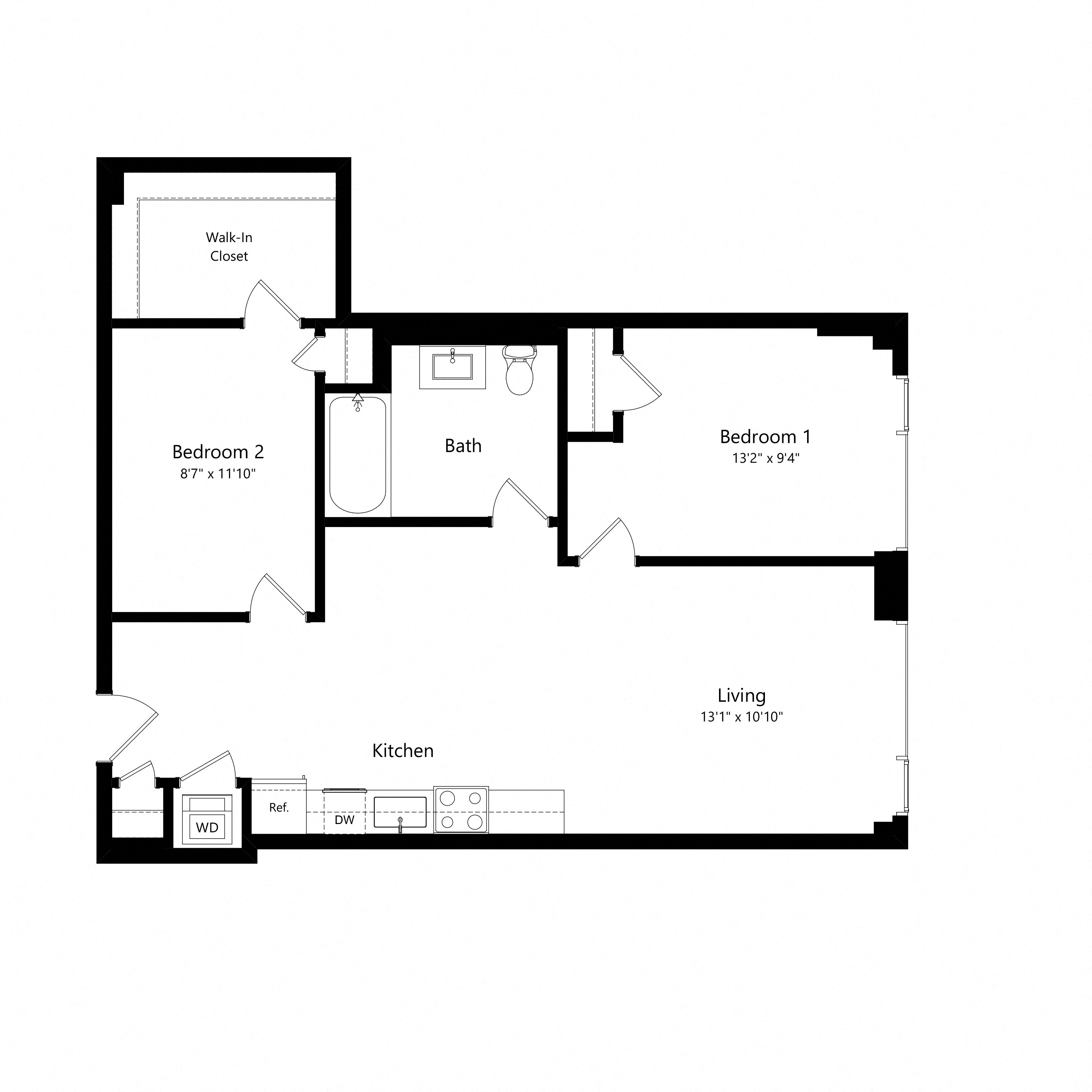 Floor plan for 2 beds, 1 bath, 768 sqft